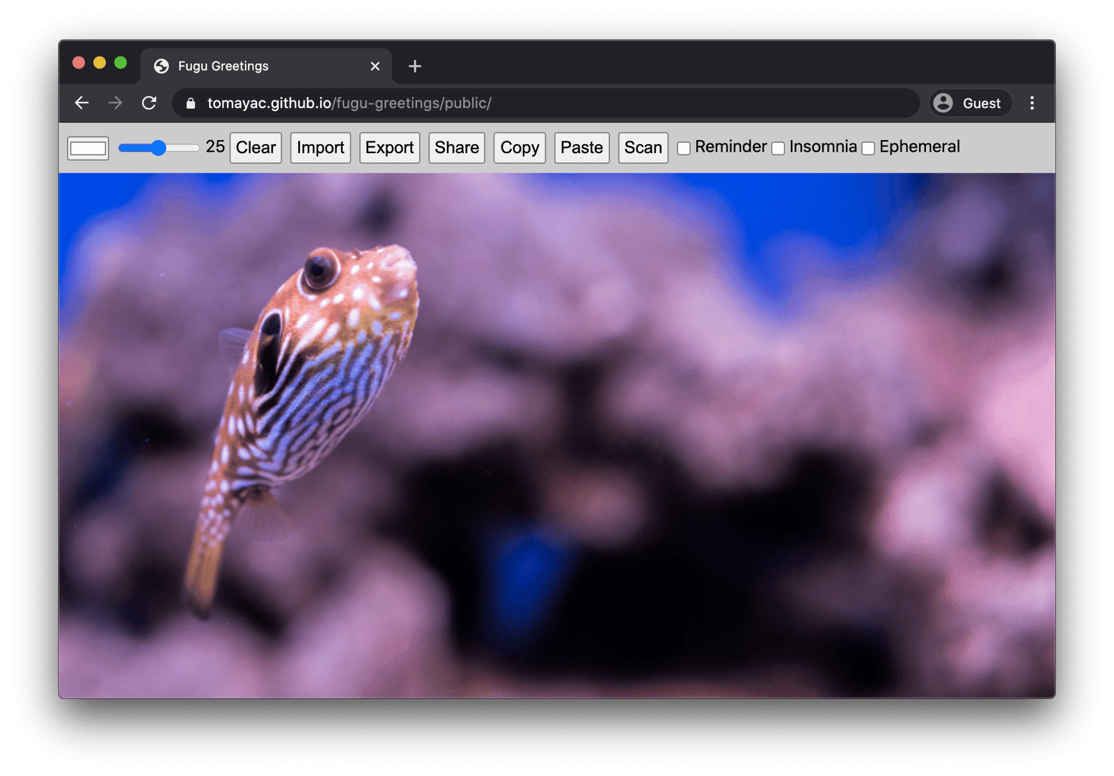 Fugu Greetings in esecuzione su Chrome per computer, che mostra molte funzionalità disponibili.