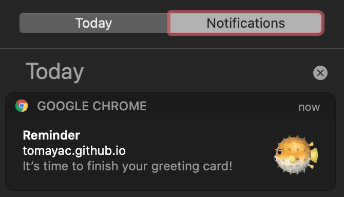 macOS Notification Center，顯示來自 Fugu Greetings 的通知。