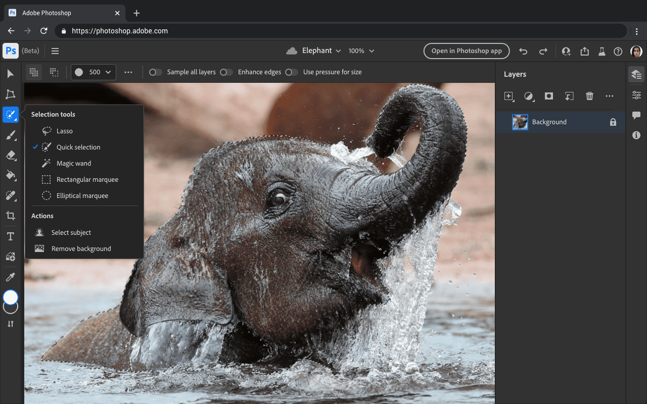 L&#39;app web di Photoshop in esecuzione in un browser con un&#39;immagine che mostra un elefante sulla tela e il menu &quot;Strumenti di selezione&quot; aperto. 