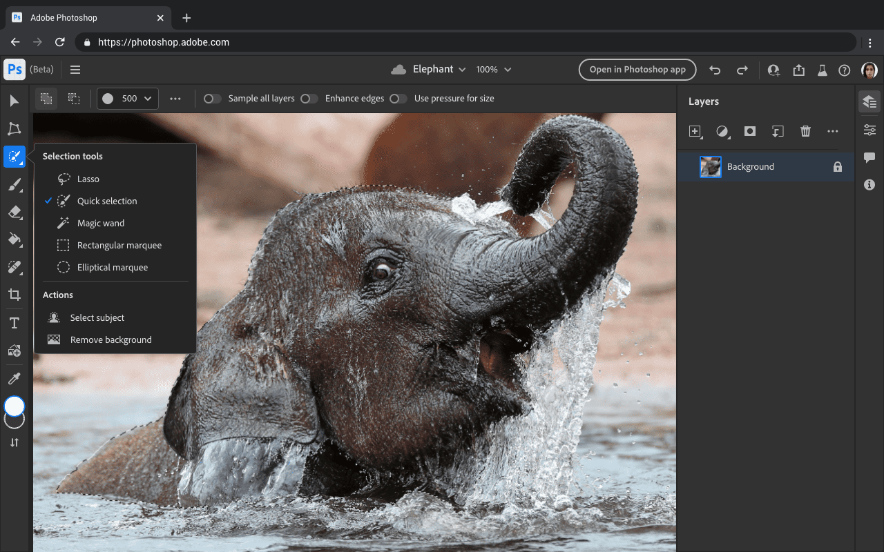 Aplikasi web Photoshop yang berjalan di browser dengan gambar yang menampilkan gajah di kanvas dan item menu &#39;alat pemilihan&#39; terbuka. 
