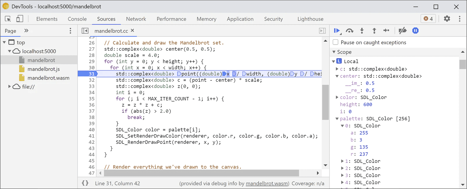 การแก้ไขข้อบกพร่อง WebAssembly ในเครื่องมือสำหรับนักพัฒนาเว็บที่แสดงจุดหยุดพักในโค้ดเพื่อให้สเต็ปผ่านได้