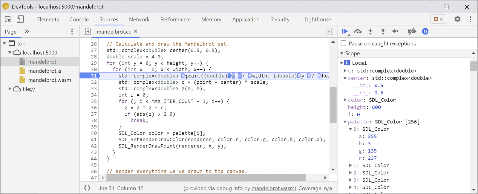 DevTools में WebAssembly डीबगिंग, कोड में ब्रेकपॉइंट दिखा रही है, ताकि इसे पूरा किया जा सके.