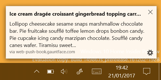 Notificação com título longo e texto do corpo no Firefox no Windows.