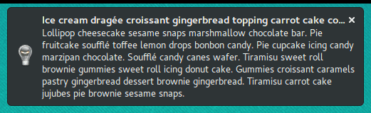 Notification with long title and body text in Firefox on Linux while hovering over the notification with the mouse cursor.