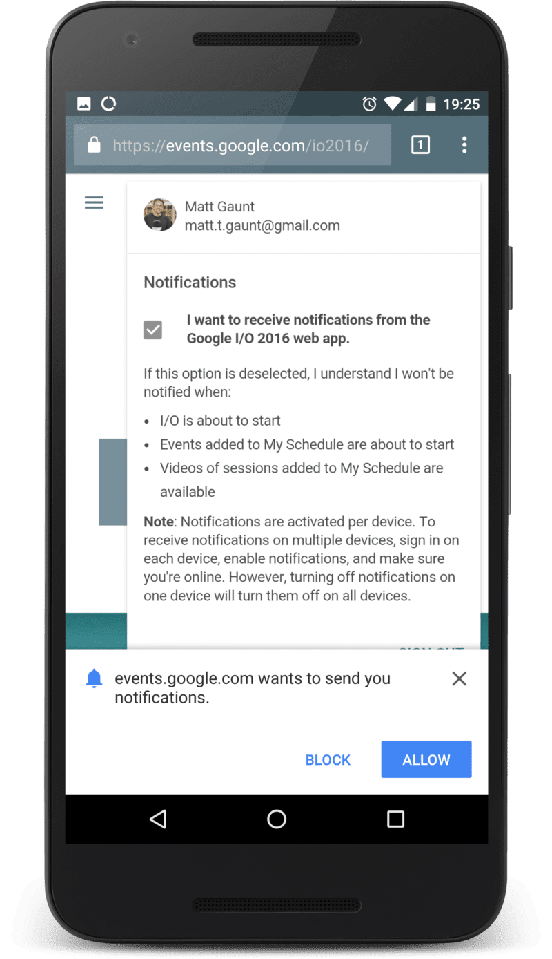 تطبيق الويب الخاص ببرنامج Google IO يعرض طلب الإذن.