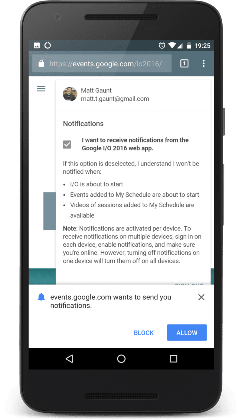 Веб-приложение Google IO, отображающее запрос на разрешение.
