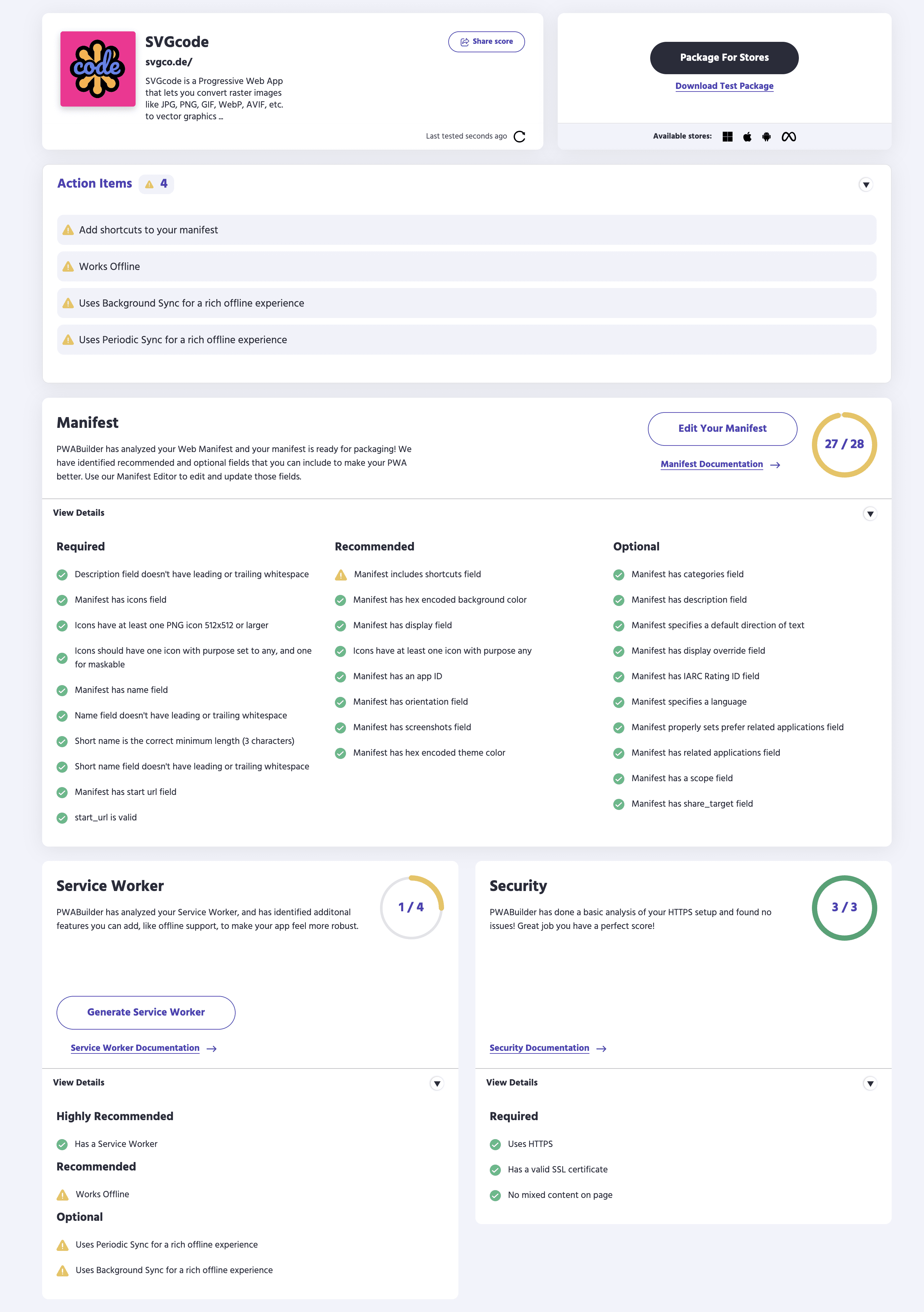 SVGcode PWA в пользовательском интерфейсе PWABuilder.