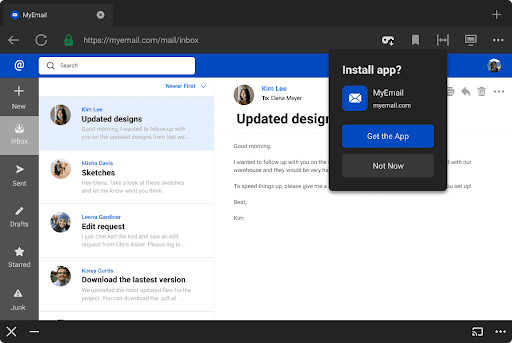 ওকুলাস ব্রাউজার ব্যবহারকারীকে MyEmail অ্যাপ ইনস্টল করার প্রম্পটে আমন্ত্রণ জানাচ্ছে।