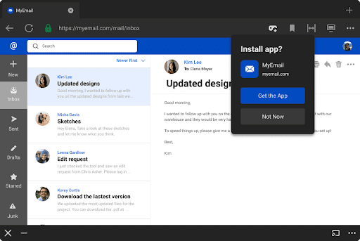 Oculus Browser lädt den Nutzer ein, die MyEmail App zu installieren.