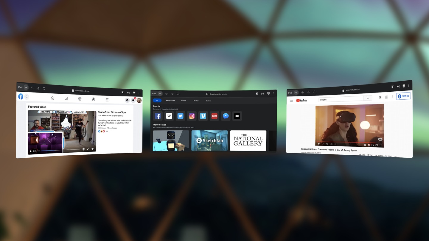 Trình duyệt Oculus với ba cửa sổ trình duyệt đang mở.