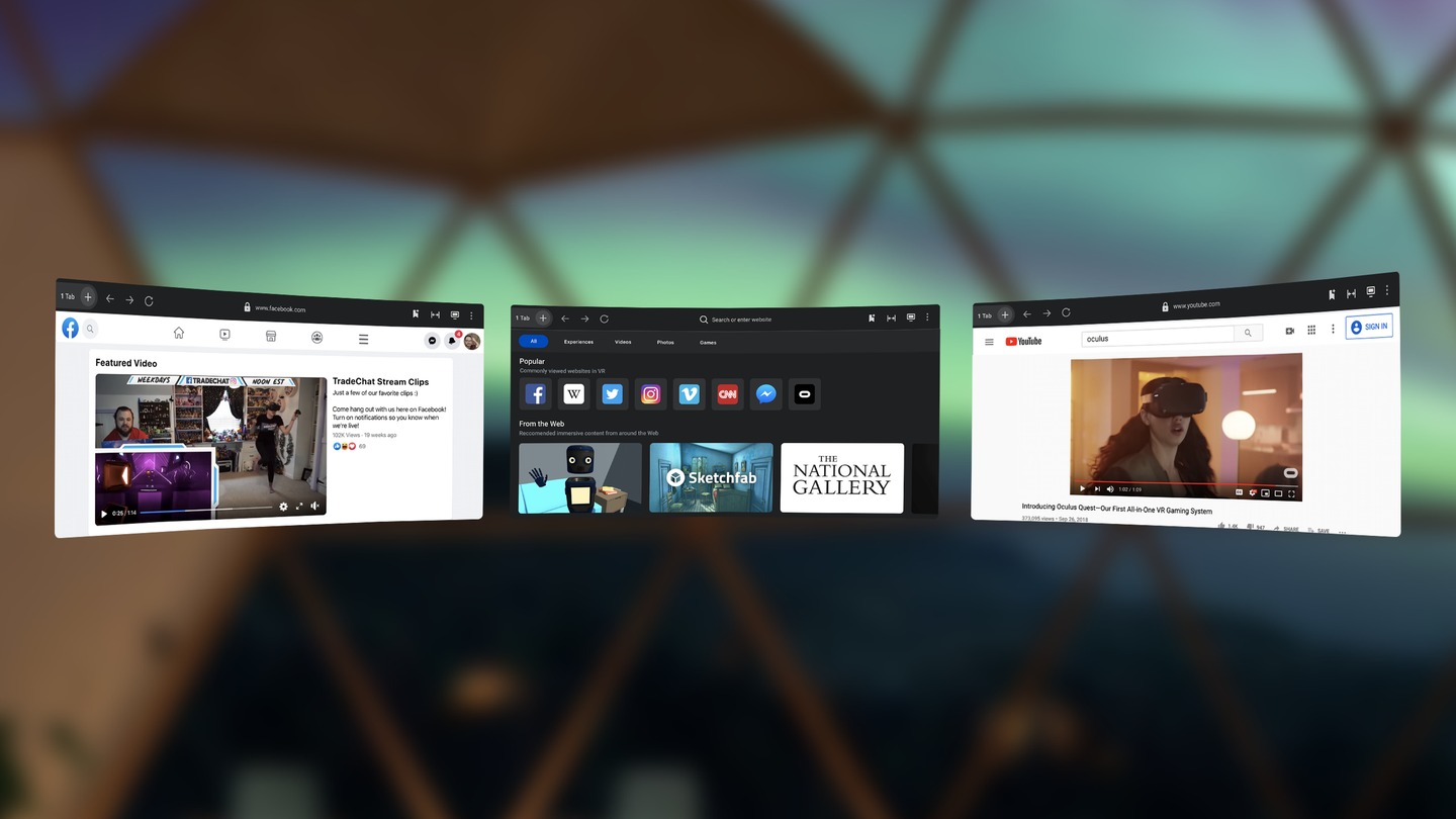 打开了三个浏览器窗口的 Oculus 浏览器。