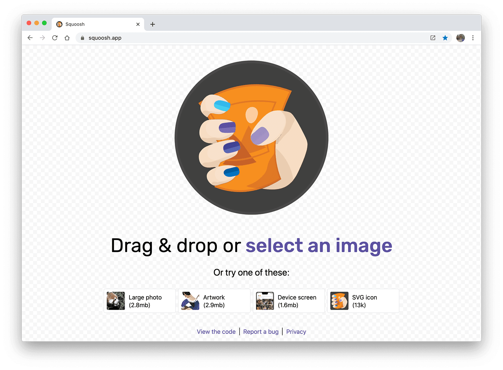 Captura de tela do Squoosh, um app da Web de compactação de imagens.