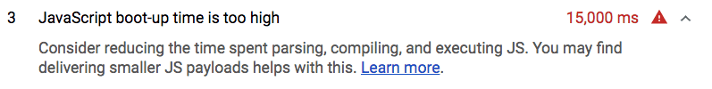 Uma auditoria do Lighthouse com falha mostrando que os scripts estão demorando muito para ser executados.