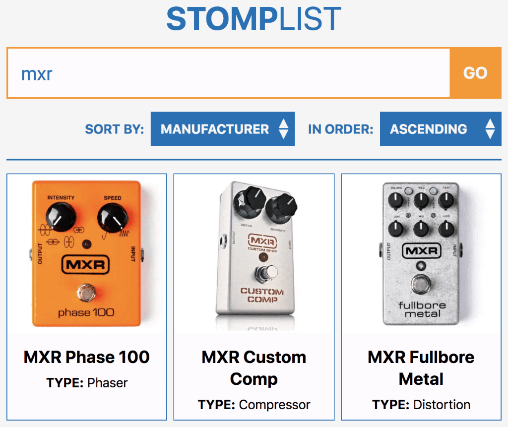 Capture d&#39;écran d&#39;un exemple d&#39;application en une page permettant de rechercher dans une base de données de pédales d&#39;effets pour guitare