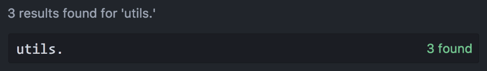 Screenshot penelusuran di editor teks untuk &#39;utils&#39;, hanya menampilkan 3 hasil.