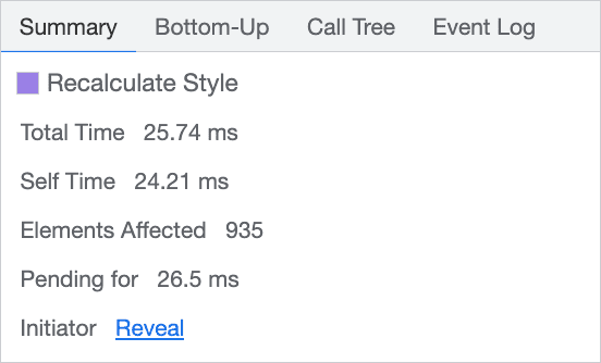 Obtenir le
    détails des calculs de style à long terme, y compris des informations essentielles telles que
    comme le nombre d&#39;éléments concernés par le travail de recalcul du style.