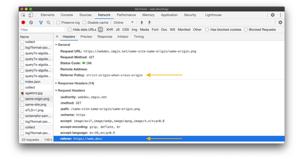 A screenshot of the Network panel of Chrome DevTools, showing Referer and Referrer-Policy.