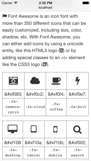 使用 FontAwesome 作为其图标字体的页面示例。