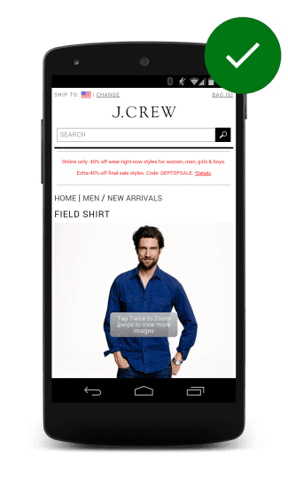 J. Sitio web de Crews con una imagen expandible del producto