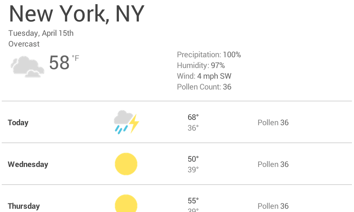 Captura de tela de
    um app de clima com grandes lacunas entre os itens