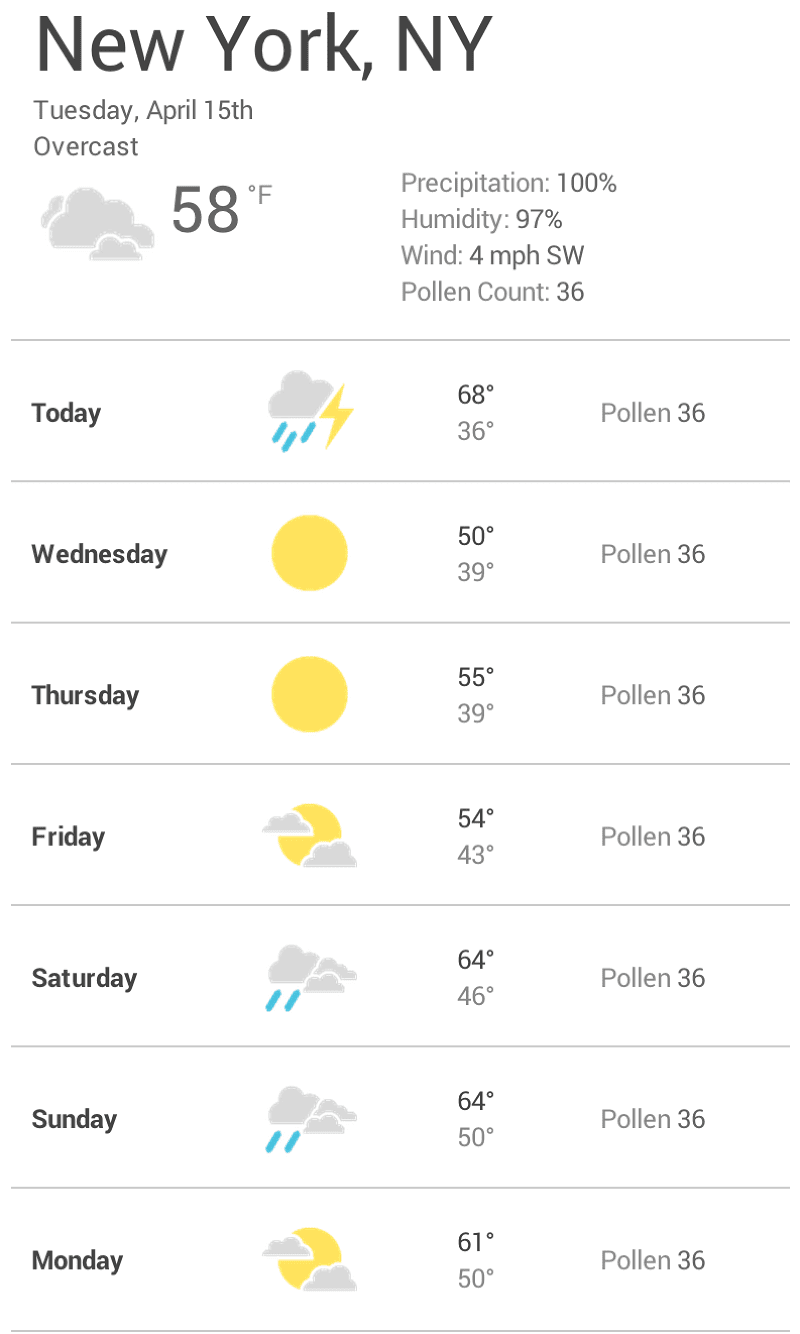 Screenshot di
    un&#39;app meteo con una larghezza per dispositivi mobili