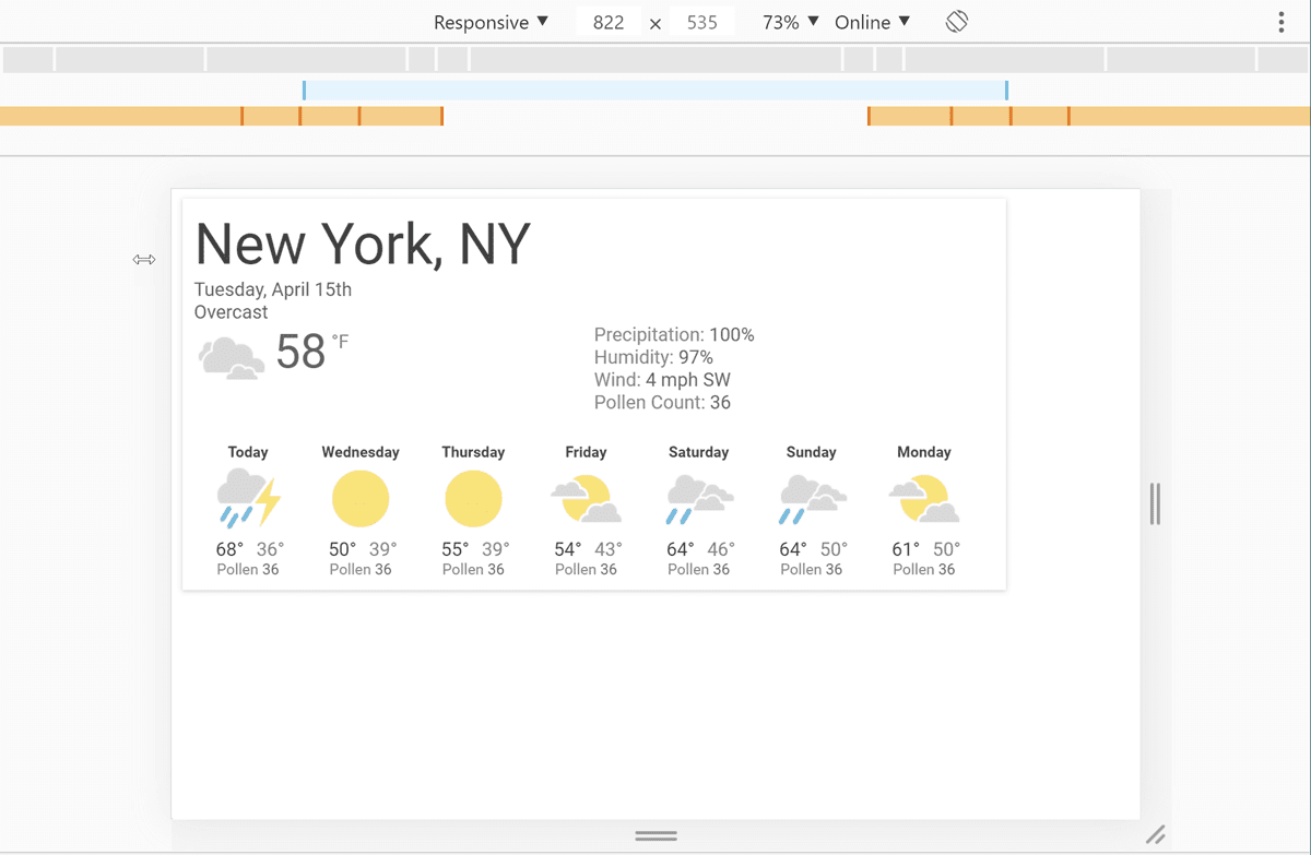 DevTools का स्क्रीनशॉट, जिसमें Weather ऐप्लिकेशन खुला है और 822 पिक्सल की चौड़ाई चुनी गई है.