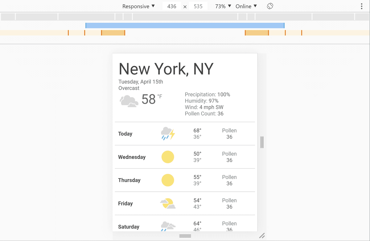 Captura de tela das ferramentas do desenvolvedor com nosso app de clima aberto e uma largura de 436 pixels selecionada.