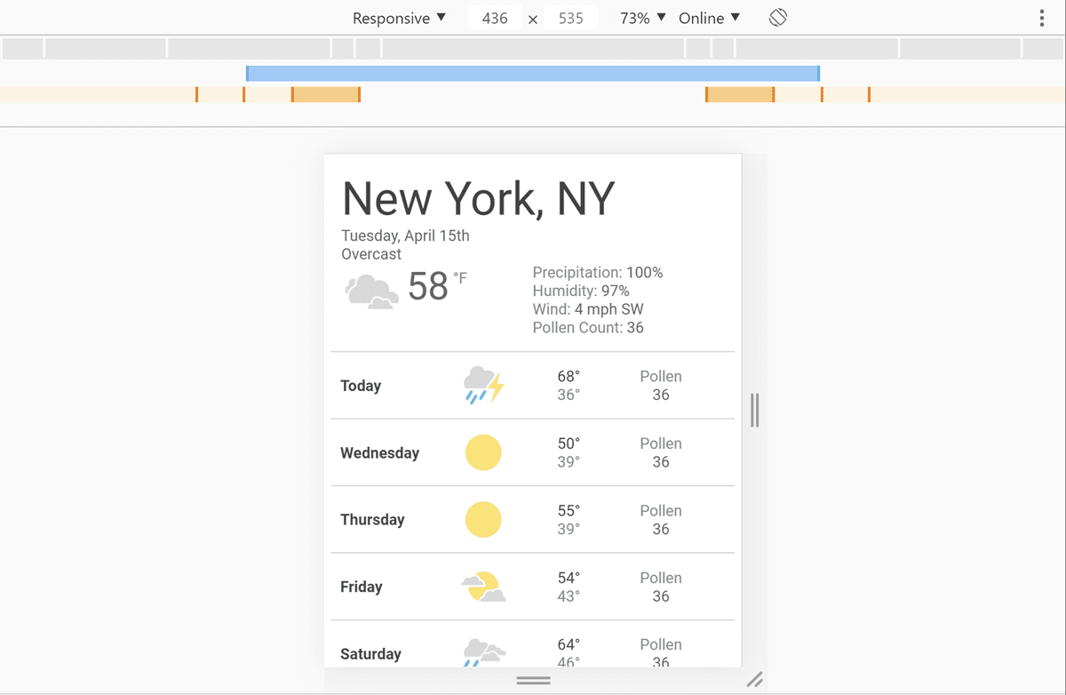 Screenshot der Entwicklertools mit geöffneter Wetter-App und ausgewählter Breite von 436 Pixeln