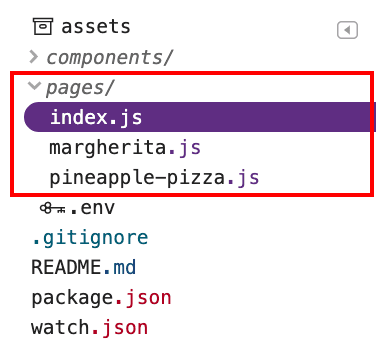 ภาพหน้าจอของไดเรกทอรีของหน้าที่มีไฟล์ 3 ไฟล์ ได้แก่ index.js, margherita.js และ pineapple-izz.js