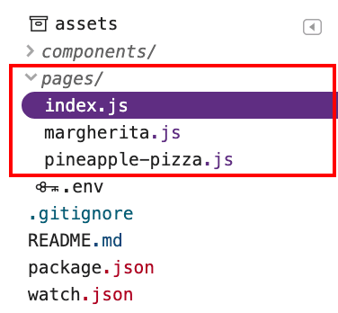 पेजों की डायरेक्ट्री का स्क्रीनशॉट, जिसमें तीन फ़ाइलें शामिल हैं: index.js, margherita.js, और spaeapple-pizza.js.