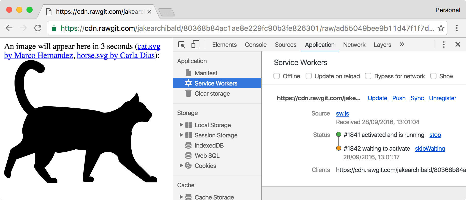 DevTools muestra un nuevo service worker en estado de espera