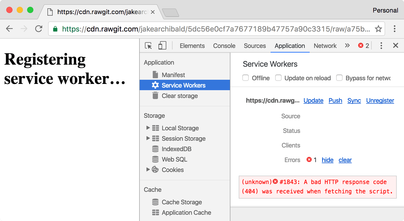 Erro exibido na guia Service Worker do DevTools