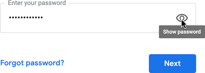 Formulario de acceso de Google que muestra el ícono Mostrar contraseña.
