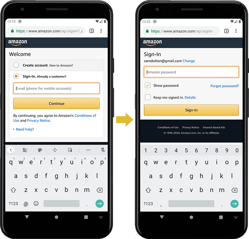 Screenshot di un modulo di accesso sul sito Web di Amazon: e-mail/telefono e password su due &#39;pagine&#39; separate.