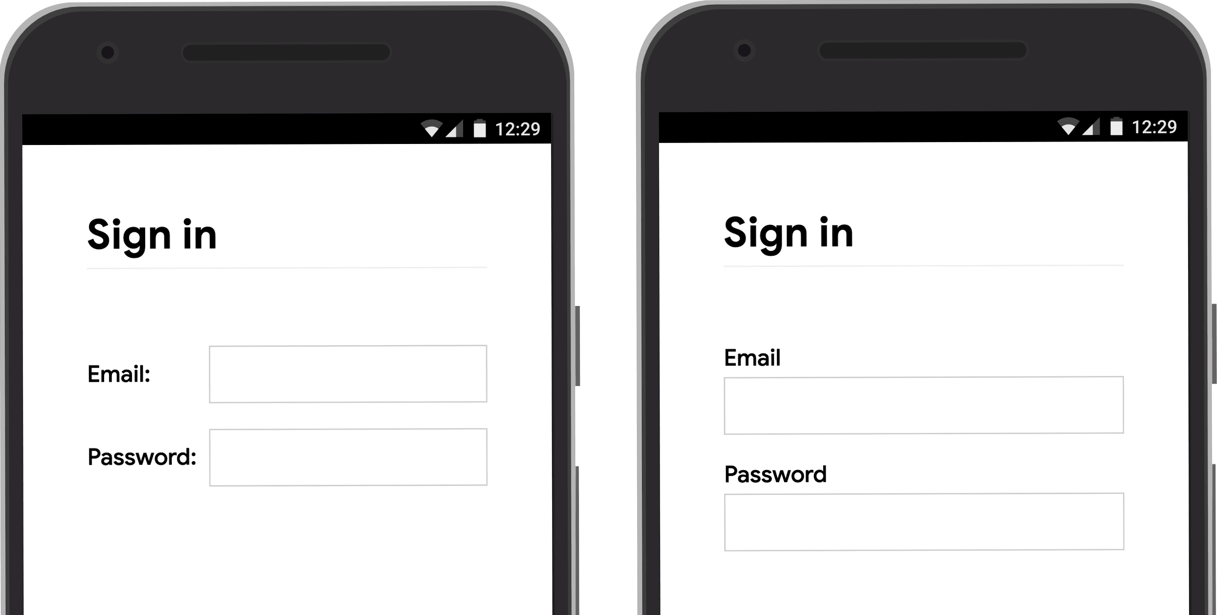 Screenshot yang menampilkan posisi label input formulir di perangkat seluler: di samping input dan di atas input.