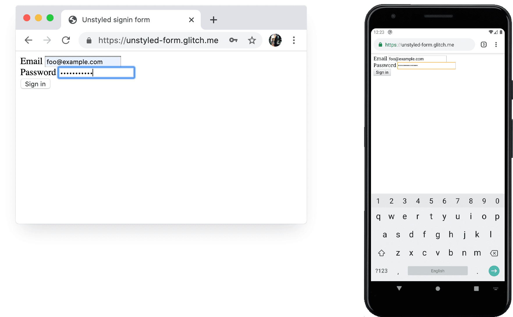 Masaüstü ve Android&#39;de Chrome&#39;daki stilsiz formun ekran görüntüsü.