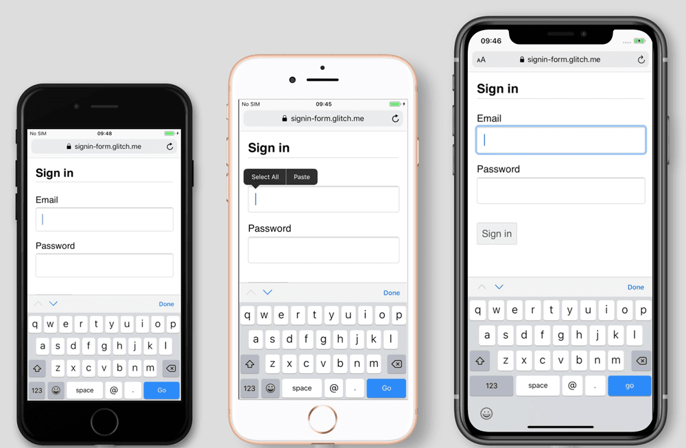 Captures d&#39;écran d&#39;un formulaire de connexion sur les iPhone 7, 8 et 11. Sur les iPhone 7 et 8, le bouton de connexion est masqué par le clavier du téléphone, mais pas sur l&#39;iPhone 11