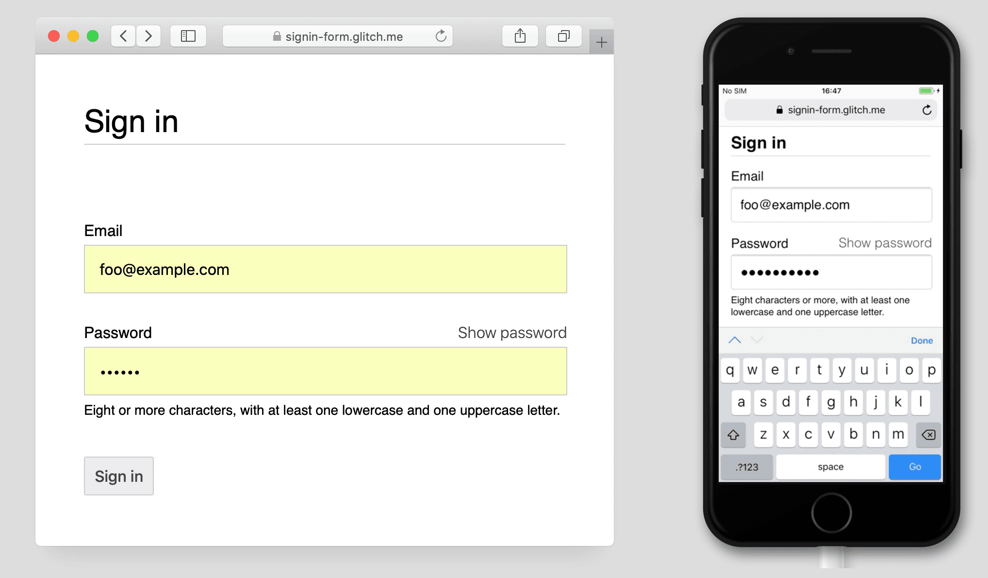 Screenshot formulir login dengan &#39;tombol&#39; Tampilkan teks sandi, di Safari di Mac dan di iPhone 7.