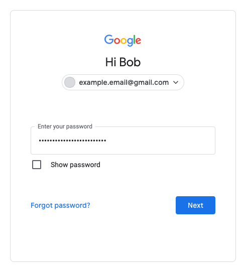 Formulir login dengan Google yang menampilkan tombol Tampilkan sandi dan link Lupa sandi.