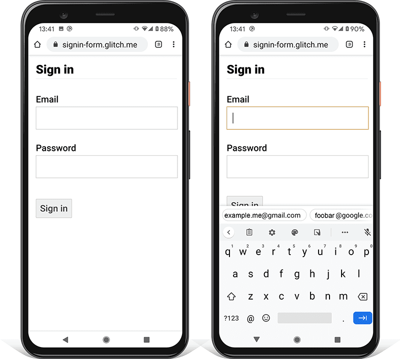 Dua screenshot formulir login di ponsel Android: satu menunjukkan bagaimana tombol Kirim dikaburkan oleh keyboard ponsel.