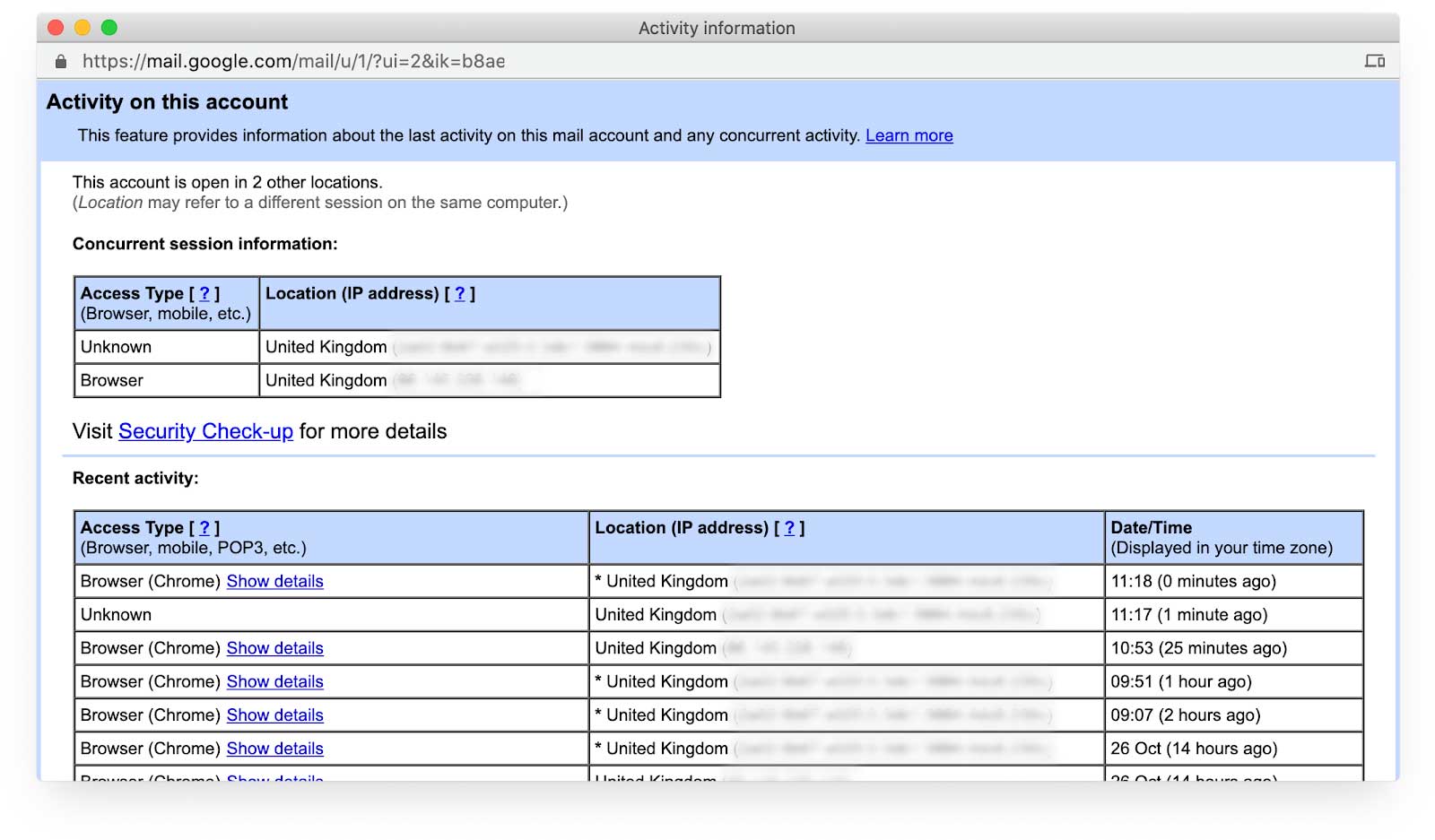 Page &quot;Activité du compte Gmail&quot;