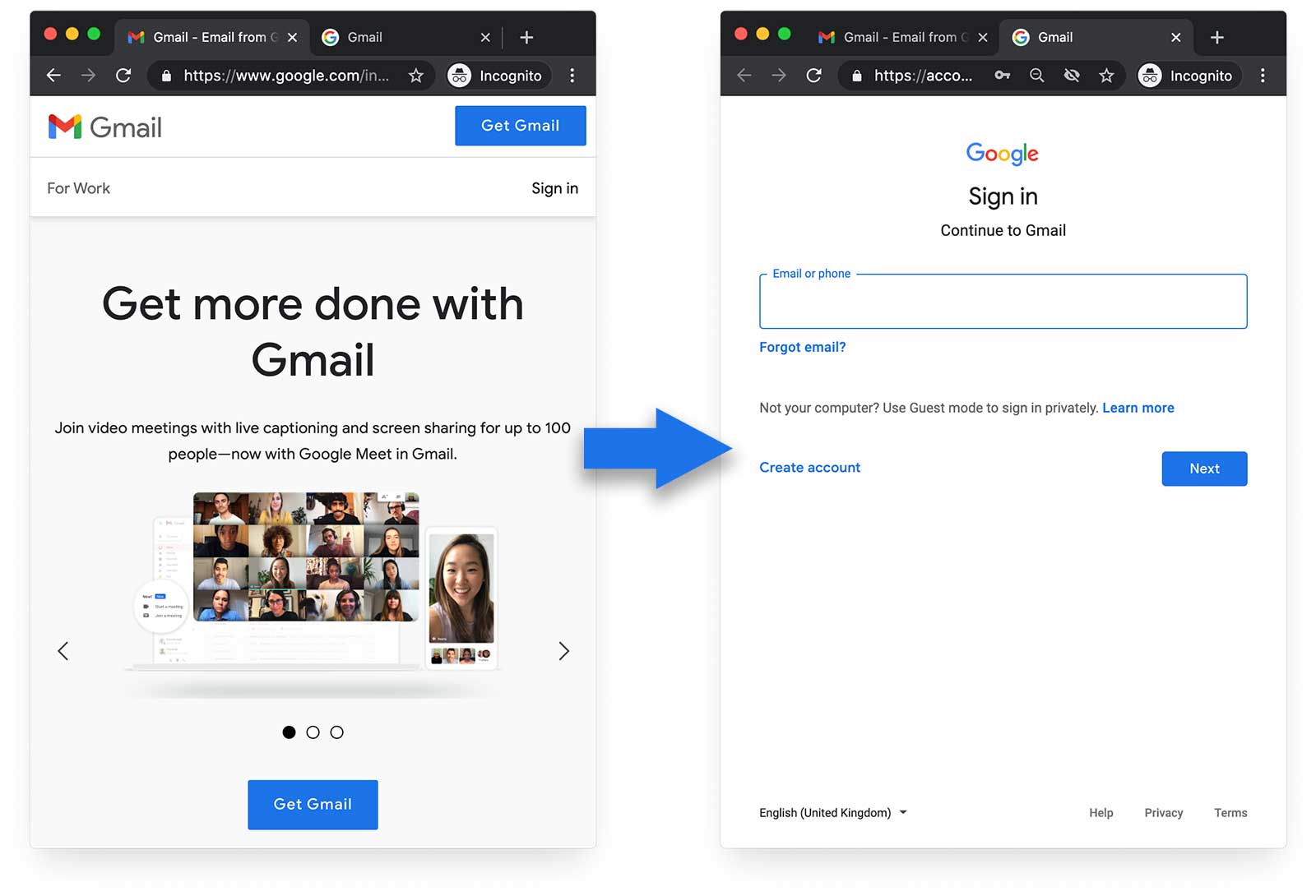Capturas de pantalla del acceso a Gmail: en una página, se muestra el botón Acceder cuando se hace clic en él para ir a un formulario que también tiene el vínculo Crear cuenta.