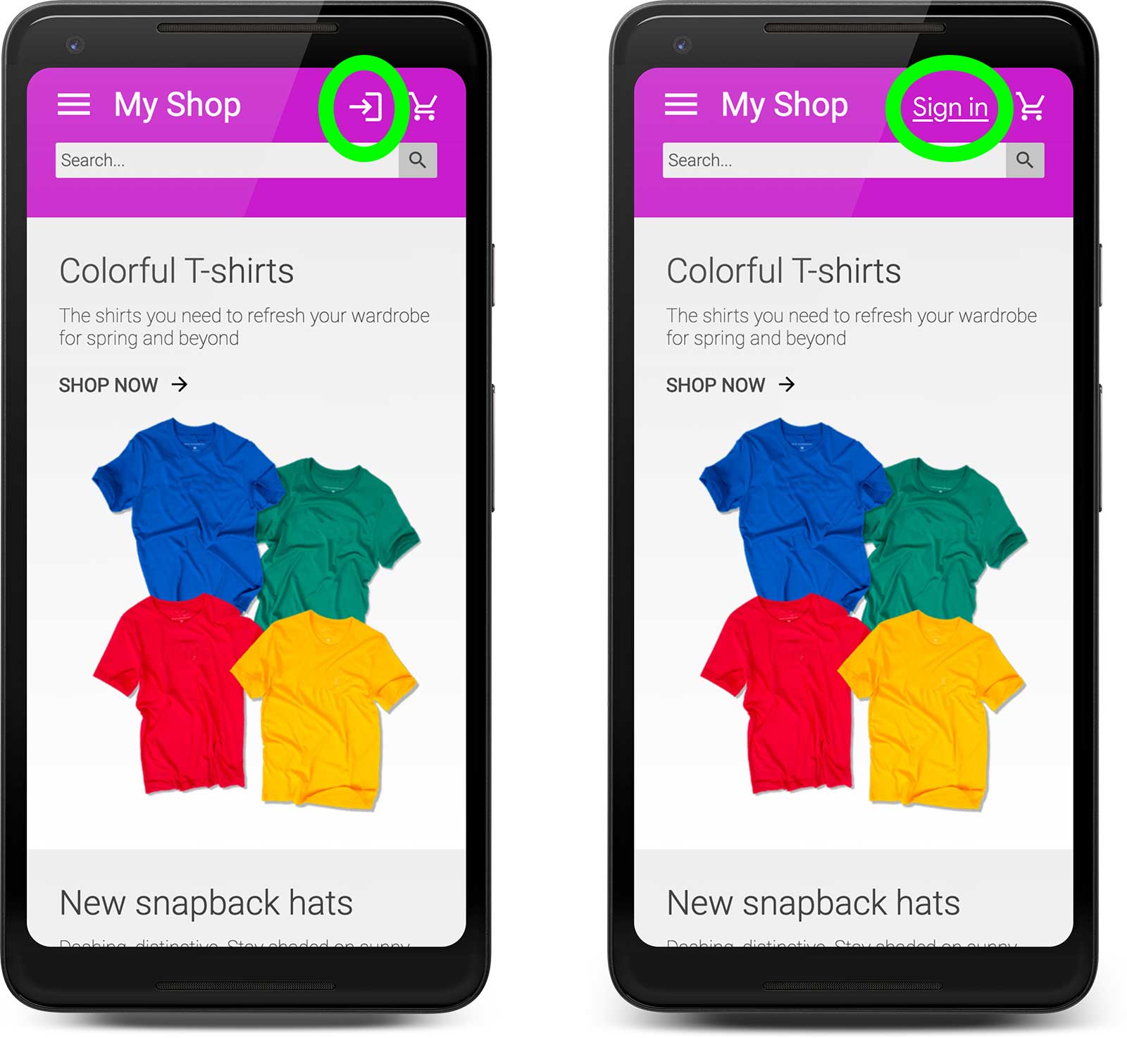 Two screenshots of a mockup ecommerce website viewed on an Android phone. The one on the left uses an icon for the sign-in link that's somewhat ambiguous; the one on the right simply says 'Sign in'