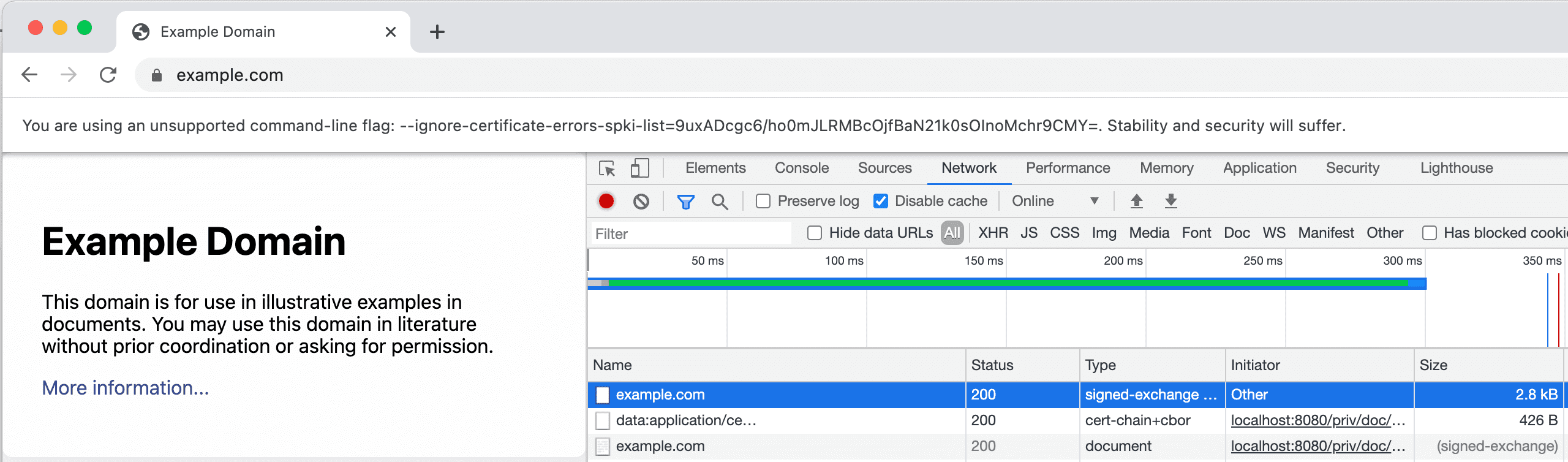 Bir SXG&#39;yi ve sertifikasını gösteren DevTools Ağ sekmesinin ekran görüntüsü.