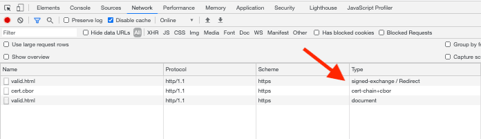 Ảnh chụp màn hình cho thấy một yêu cầu SXG trong bảng điều khiển &quot;Mạng&quot; trong DevTools