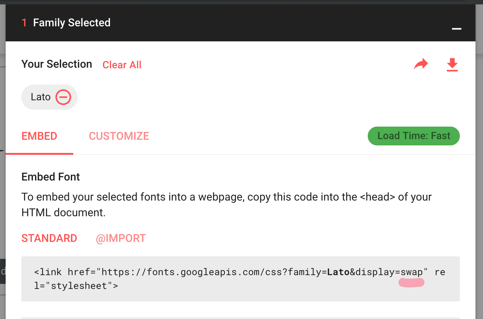 Código de incorporação do Google Fonts com exibição de fontes incluída no URL como parâmetro de consulta