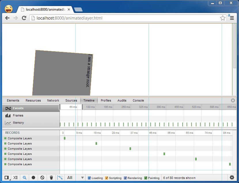 لقطة شاشة للمخطط الزمني لـ &quot;أدوات مطوّري البرامج&quot; أثناء الرسم المتحرك