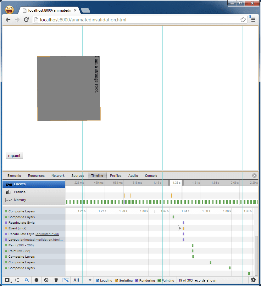 Captura de pantalla del cronograma de herramientas para desarrolladores en el que se vuelve a pintar una capa