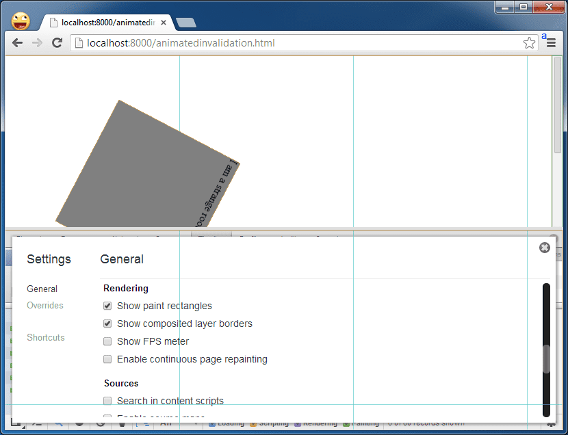 Captura de pantalla de la casilla de verificación mostrar rectángulos de pintura