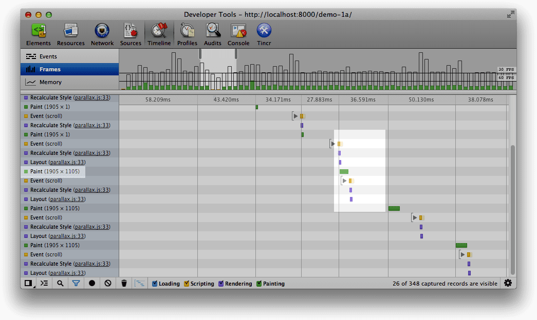 Chrome DevTools sem eventos de rolagem rebaixados.